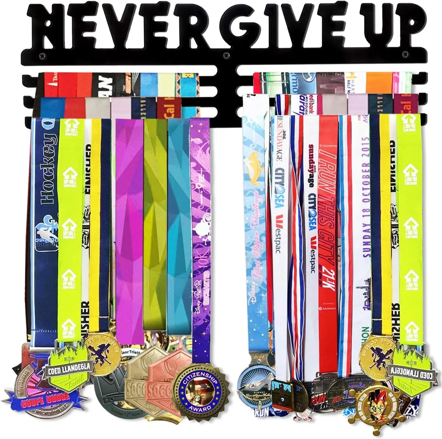 Medals Hanger Holder Display Steel Rack Hooks Wall Mount Frame Over 60 Medals-Sports Medal Hook Storage Organizer Never Give Up Ribbon with Easy Hanging Bars Black (NEVER GIVE UP.)