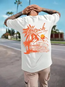 Men's Summer Cotton T-Shirt, Beach Waves and Palm Trees Print, Casual Crew Neck, Short Sleeve, Breathable Fabric, Suitable for Outdoor Activities, Outdoor Clothing Summer Atmosphere Top Casual Style T-Shirt, Summer Shirt
