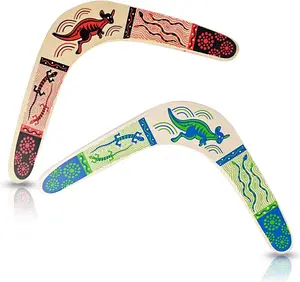 Wooden Boomerang, Set of 2, Classic Returning Boomerang for Kids with Colorful Artwork, Boomerangs for Adults Fun Outdoor Toys for Camping, Backyard, Picnic - Colors May Vary
