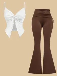 Elegant Women's Summer Solid Color Shoulder Strap Adjustable V-Neck Front Pleated Knot Wood Ear Open Hem Slim Fit Knitting Blouse, Comfortable Breathable Flared Leg Pants Two-Piece Set