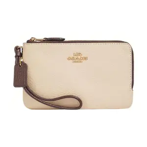Coach Double Zip Wallet for Women – Polished Pebble Leather Clutch with Wrist Strap, Ivory
