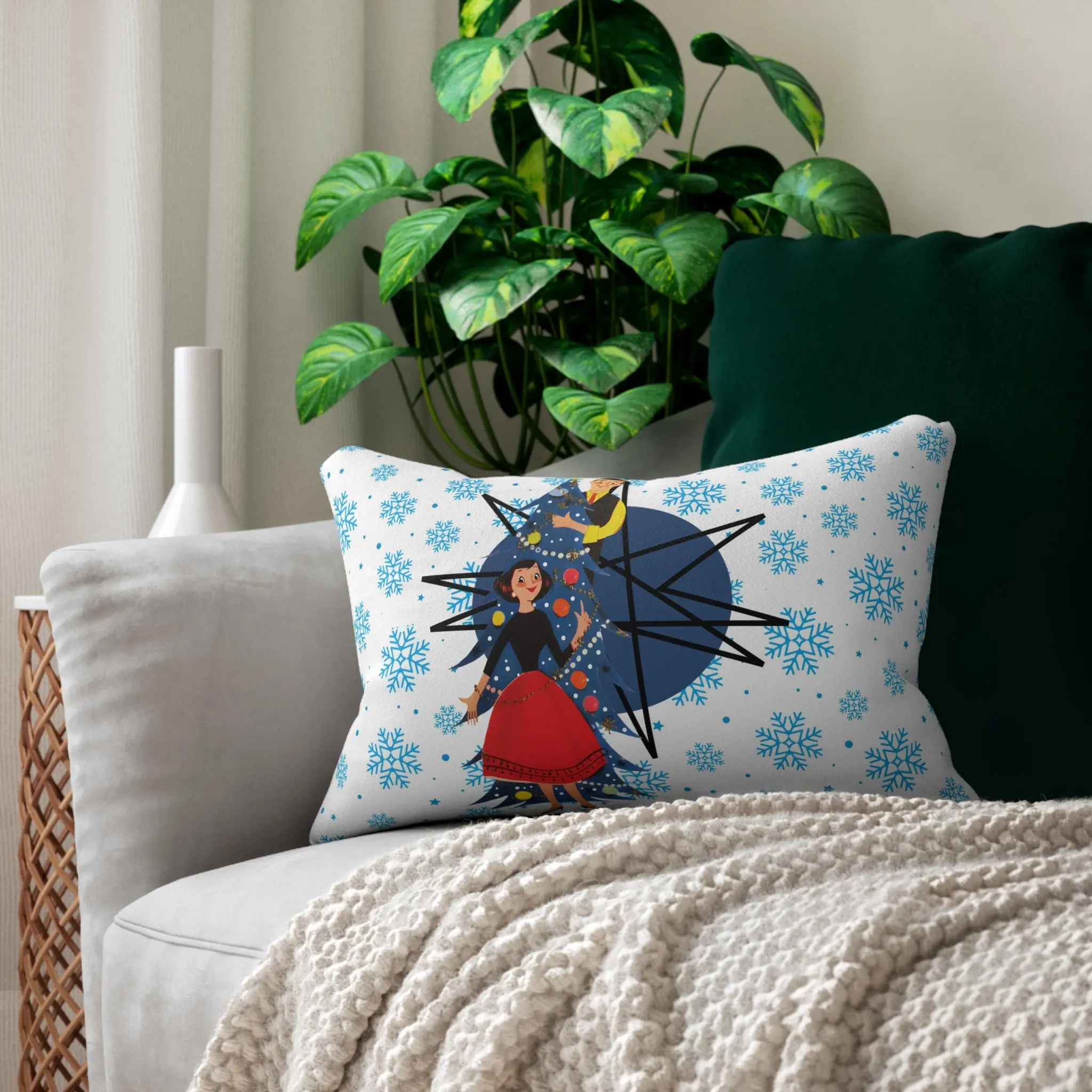 50s Christmas Kitsch Snowflake Mod Holiday Lumbar Pillow