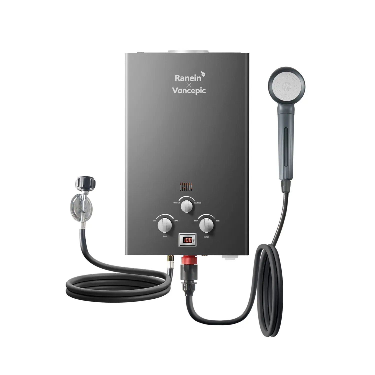 Ranein Portable Tankless Water Heater - 8L, 48000 BTU, 3.6 PSI, 2.11 GPM, Heats to 109.4°F, Compact, Low Pressure, Easy to Install Household Appliances for Campsites, Outdoor Users, 6 Advanced Safety Protections