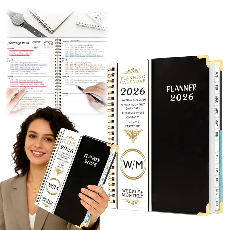 2026 Weekly and Monthly Planner - from January 2026 - December 2026, Daily Agenda Planner with Monthly Tab, Flexible Cover, Note Pages, Pockets, Bookmark, Spiral Binding, Black