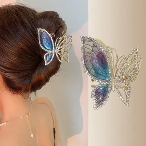 AWAYTR 2Pack Rhinestone Amber Blue Butterfly Hair Claws Clips Small Hair Clips Elegant for Women Girls Sparkly Glitter Barrettes Alloy Hair Accessories