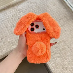 Cute Plush Bunny Phone Case for iPhone 17 16 15 14 13 12 11 Pro Max, Soft Fabric, Fun Aesthetic, Holiday Gift, Winter Warm Hand Protector
