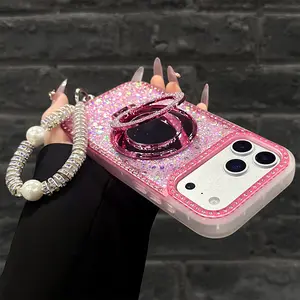 Women's Phone Case with Mirror & Stand for iPhone 11/12/13/14/15/16/17 Pro Max,17Air – double-sided shiny frame, glitter hard back, full-body drop protection.