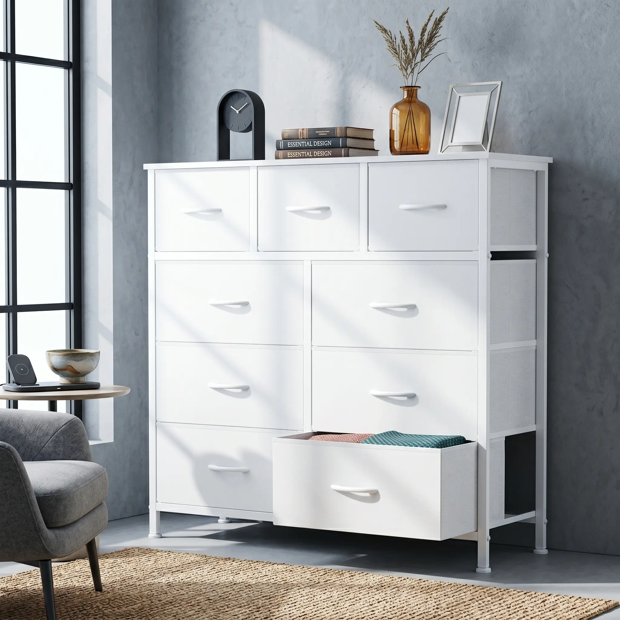White 9-Drawer Fabric Chest of Drawers - Tall Indoor Storage Cabinet with Wood Top, Iron Base, 66 lbs Stable Build, Wipe-Clean Surface, Wall Anchors, Steel Frame, Easy-Pull Handles, Fits 45" Small TV, Assembly Required, Apartment Furniture, 24-Hour Email,