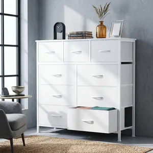 White 9 Drawer Fabric Dresser, Tall Storage Cabinet, Wood Top (Fits 45" Small TV), Steel Frame, Easy Pull Handle, Multi-Scene for Bedroom/Entryway/Closet, Large Capacity