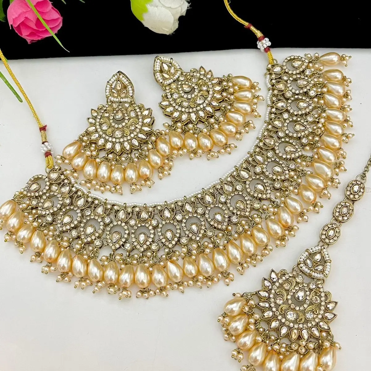 Kundan Premium Quality Reverse Ad Necklace with Earrings and Tika for Women Indian Wedding Jewelry Set