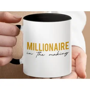 One Piece Eleven Ounce Ceramic Mug Featuring "Millionaire in the Making" Motivational Quote with Golden Lettering White Body Black Handle Ideal Gift for Entrepreneurs Office and Home Decor Coffee Bar Accessory
