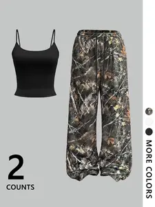 Women's Plain Cami Top & Camo Print Wide Leg Pants, Casual Fashion Cozy Two-piece Set for Daily Outdoor Wear, Ladies Clothes for All Seasons,Airport Outfit