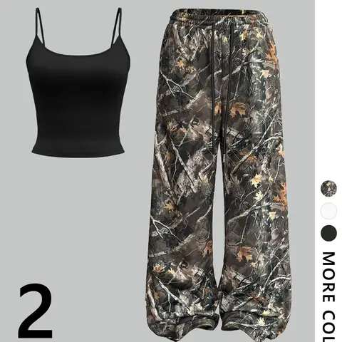 Women's Plain Cami Top Fitted & Camo Print Wide Leg Pants, Casual Fashion Cozy Two-piece Set for Daily Outdoor Wear, Ladies Clothes for All Seasons, Airport Outfit, Outfit Sets Women