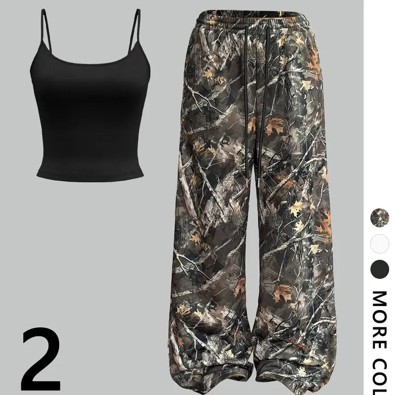 Women's Plain Cami Top Fitted & Camo Print Wide Leg Pants, Casual Fashion Cozy Two-piece Set for Daily Outdoor Wear, Ladies Clothes for All Seasons, Airport Outfit, Outfit Sets Women