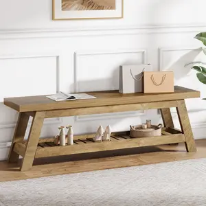 TRIBEWOOD 55" Wood Entryway Bench with Shoe Storage, Large 2-Tier Narrow Hallway Foyer Seating Bench with Open Shelves for Entryway, Bedroom, Mudroom