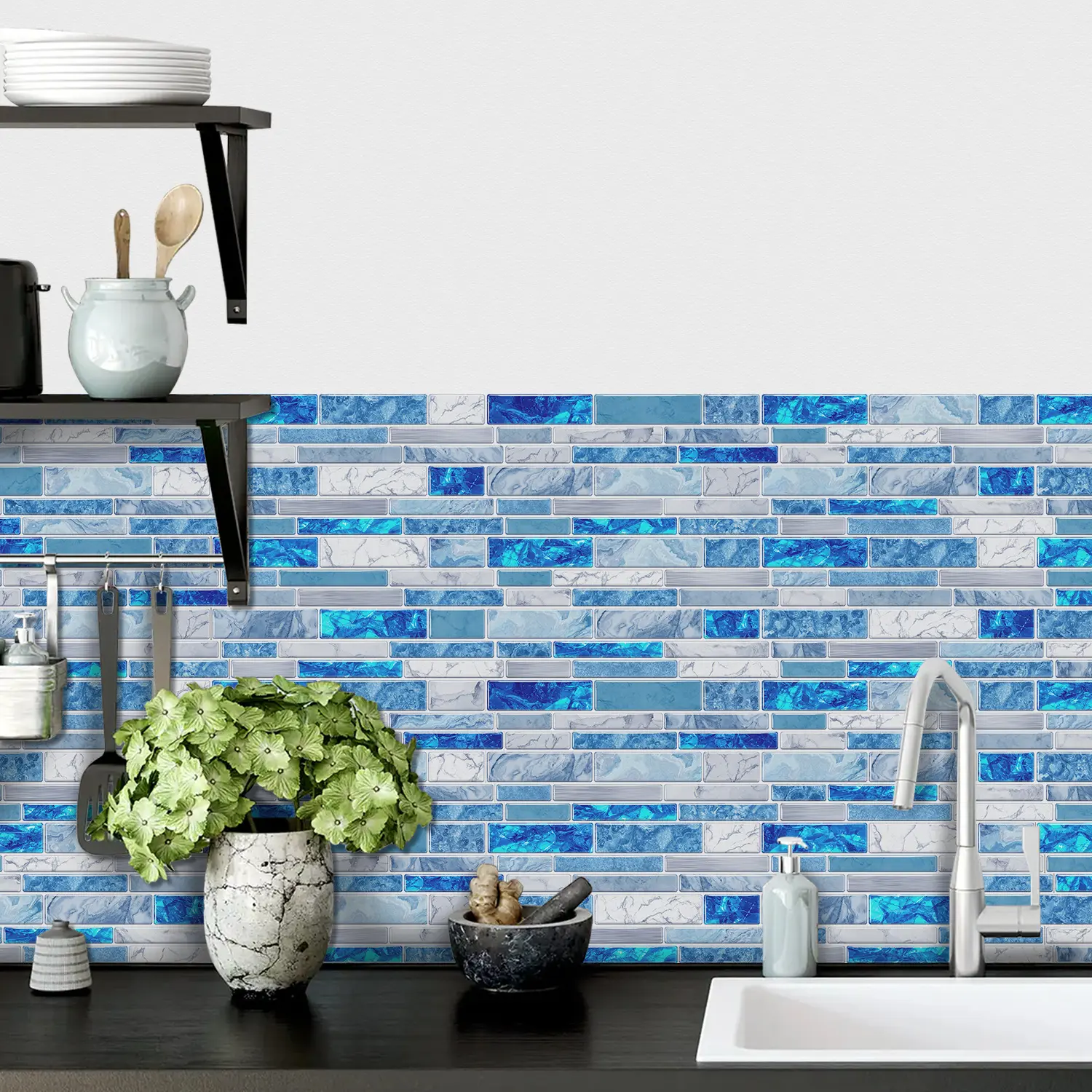 12/24 pieces of marble-effect self-adhesive tile stickers, black and white 3D textured plastic tiles, waterproof and oil-proof, easy to bond, checkered pattern, rectangular shape, suitable for interior wall decoration, Decorative Wall Sticker