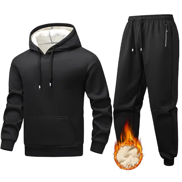 Men's Loungewear Set, Casual 2-Piece Plain Sherpa Fleece Long Sleeve Hoodie and Pants with Kangaroo Pocket, Menswear, Longsleeves, Hoodie Set, Fitted Cut, Clothes, Drawstring, Sweatshirt, Normal Type