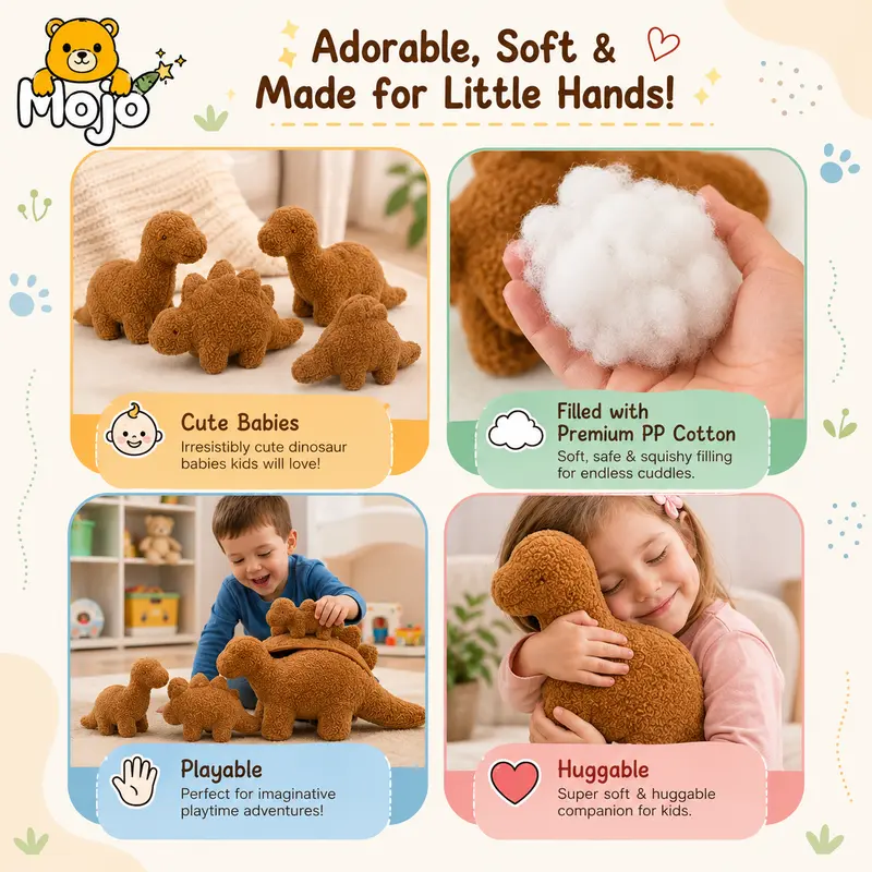 Dinosaur Design Plush Toy Set, 1 Stegosaurus Stuffed Toy with 3 Small Dinosaurs, Super Soft Fluffy, Cute Plushies For Teens, Soft Stuffed Animal, Lovely Plush Gift,