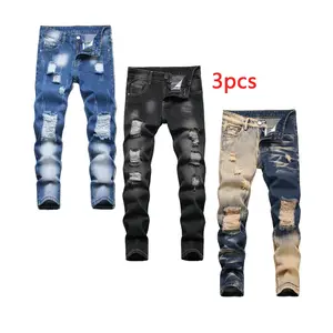 3pcs 2 set Boys jeans Solid Color Fashionable Skinny Pants - Ripped Distressed Destroyed Washed Denim Jeans​ for men Teen jeans ​​youth denim 2 piece