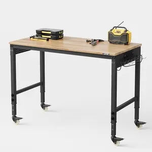 48 x 24 Inch Workbench with Drawer, Back Panel & LED Light Strip, 6-Level Adjustable Height, 2000 lb Capacity, Rubberwood Top, ETL Outlets, Swivel Casters, Pegboard & Hooks for Garage