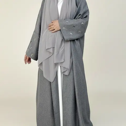Arabic Clothing- Women's Moon Embroidery Abaya without Hijabs, Summer Outfits 2024, Modest Casual Long Sleeve Open Front Muslim Abaya, Islamic Clothing