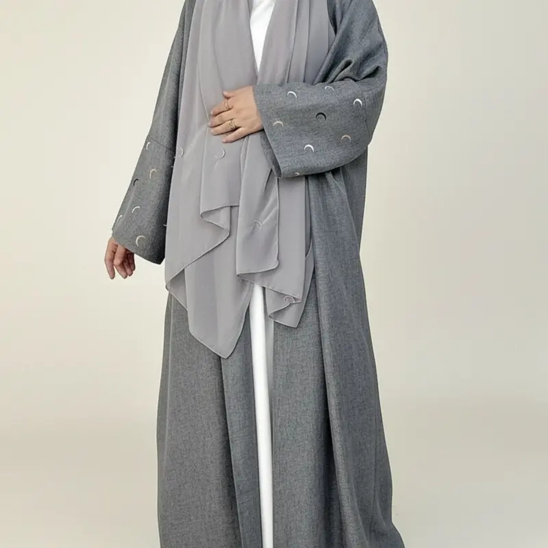 Arabic Clothing- Women's Moon Embroidery Abaya without Hijabs, Summer Outfits 2024, Modest Casual Long Sleeve Open Front Muslim Abaya, Islamic Clothing