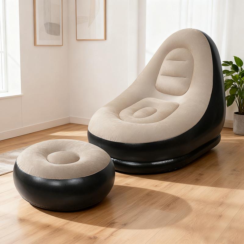 Portable Folding Reclining Lazy Sofa Chair with Foot Stool Flocking Air Couch for Indoor Outdoor Relaxation Gaming Travel Camping Unisex