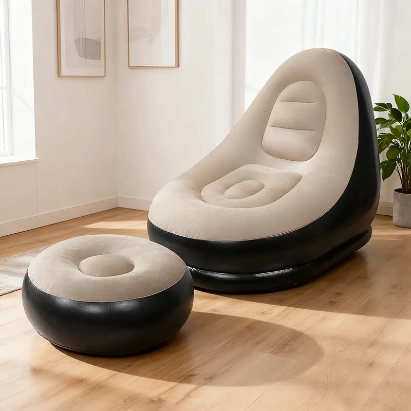 Portable Folding Reclining Lazy Sofa Chair with Foot Stool Flocking Air Couch for Indoor Outdoor Relaxation Gaming Travel Camping Unisex