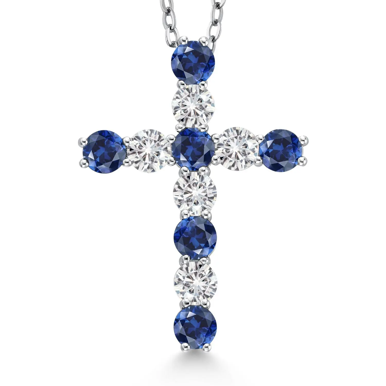 Gem Stone King Moissanite and Blue Created Sapphire Cross Pendant Necklace for Women | 925 Sterling Silver | Round 3.5MM | 1.64 Cttw | with 18 Inch Silver Chain | 1.20 Inch
