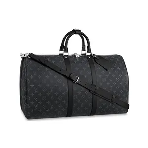 LOUIS VUITTON Keepall 55 Monogram Shoulder Strap Canvas Leather Trim Travel Bag for Men in Black