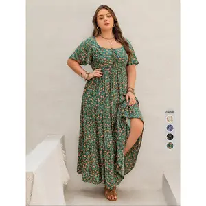 Plus Size Floral Print Ruffle Trim Tie Front Dress, Boho Butterfly Sleeve Square Neck A Line Dress for Beach Vacation Holiday, Women's Clothes for All Seasons