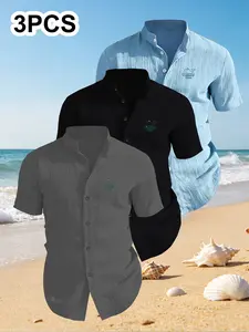 3-Pack Men's Summer Short Sleeve Shirts, Chest Print Design, Lightweight Breathable Solid Stand Collar Button Shirt, Ideal for Beach Poolwear