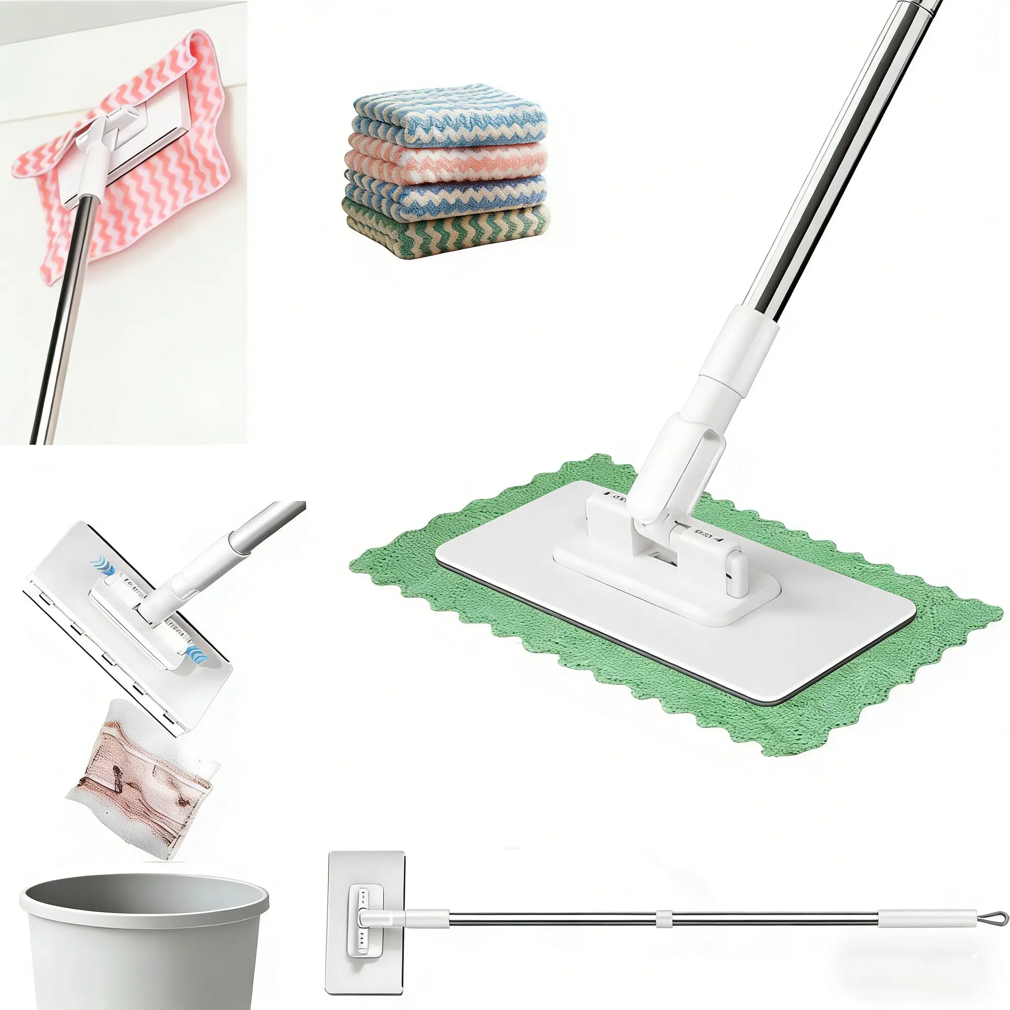 No-Touch Press Flat Mop - Lightweight Foldable Telescopic Handle, 1-Click Release, Reusable Clamp Pad, Super-Absorbent, Tile Cleaner Mop for Floor, Kitchen Cleaning, Hands-Free Wet Dry Tool, Foldable Telescopic Mops