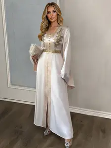 Women's Spring Fashion Feminine Elegant Formal V-Neck Flare Sleeve Waist Cinched Floral Embroidery A-Line Long Dress, Perfect for Valentine's Day Dates, Elegance