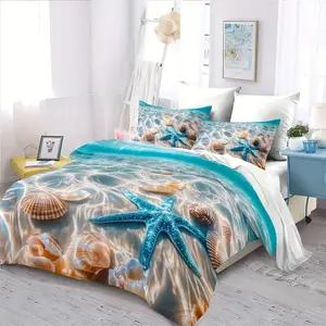2D Print Beach Shell Starfish Pattern Bedding Set, Soft Breathable Polyester Fabric, All Seasons, 1 Fitted Sheet + 2 Pillowcases