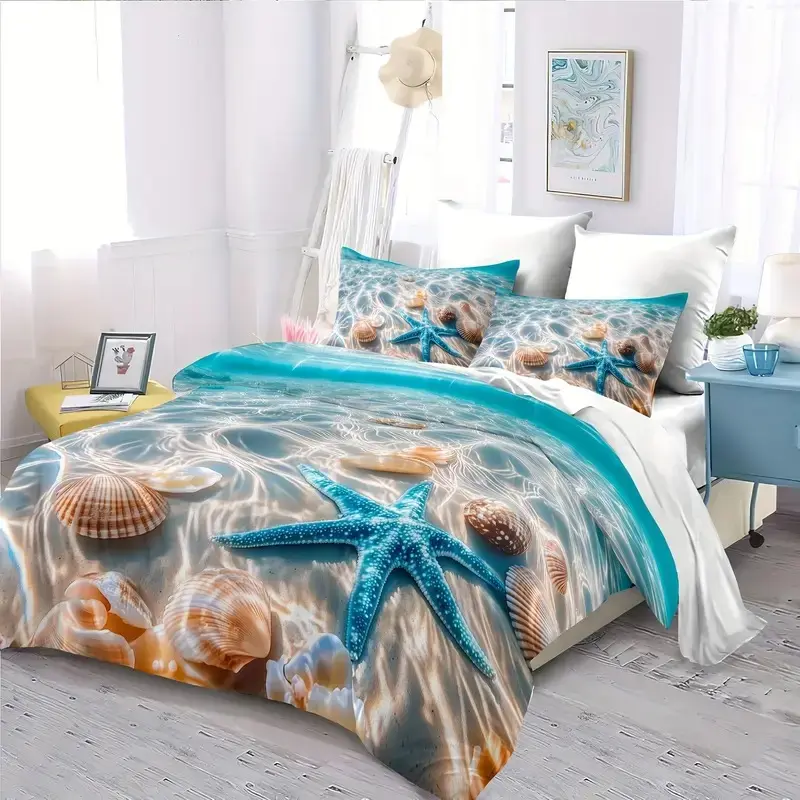 2D Print Beach Shell Starfish Pattern Decorative Bedding Set, Soft Breathable Polyester Fabric, All Seasons, 1 Fitted Sheet + 2 Pillowcases, Bed Sheets Set
