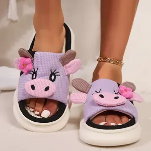 Cute Cow Slippers Comfort Fuzzy Milky Cow Slides Fuzzy Milky Cow Slide Indoor Cozy Cartoon Animal Slipper House Shoes for Women Men Purple Footwear Flipflop