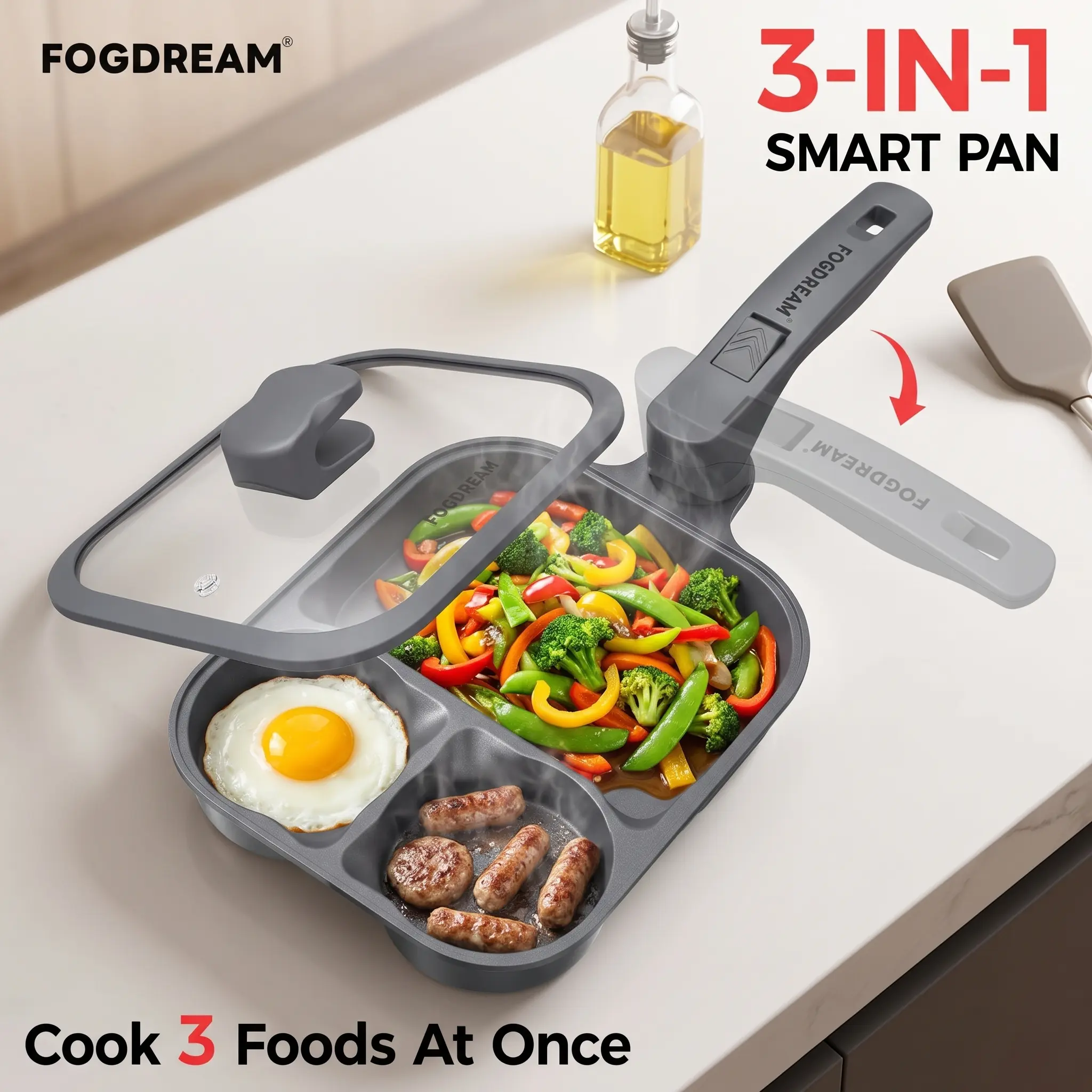 Fogdream Foldable Swivel Handle Nonstick Oblong Skillet with Lid - Large Size Multipurpose Kitchen Skillet, 360° Twist Handle Cooking Pan, Titanium Base, Space-Saving, Dishwasher-Safe for Eggs, Pancakes