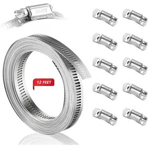 304 Stainless Steel Hose Clamp Assortment Kit DIY, Cut-To-Fit 12 FT Metal Strap+10pcs Stronger Fasteners,Large Adjustable Worm Gear Band Hose Clamps Screw Clamps Duct Pipe Metal Clamp Strapping