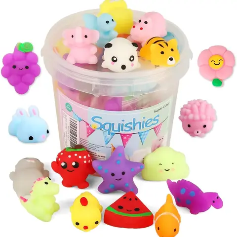 24pcs Squishies Squishy Toy Party Favors for Kids Mochi Squishy Toy moji Kids Mini Kawaii squishies Mochi Stress Reliever Anxiety Toys Easter Basket Stuffers fillers with Storage Box