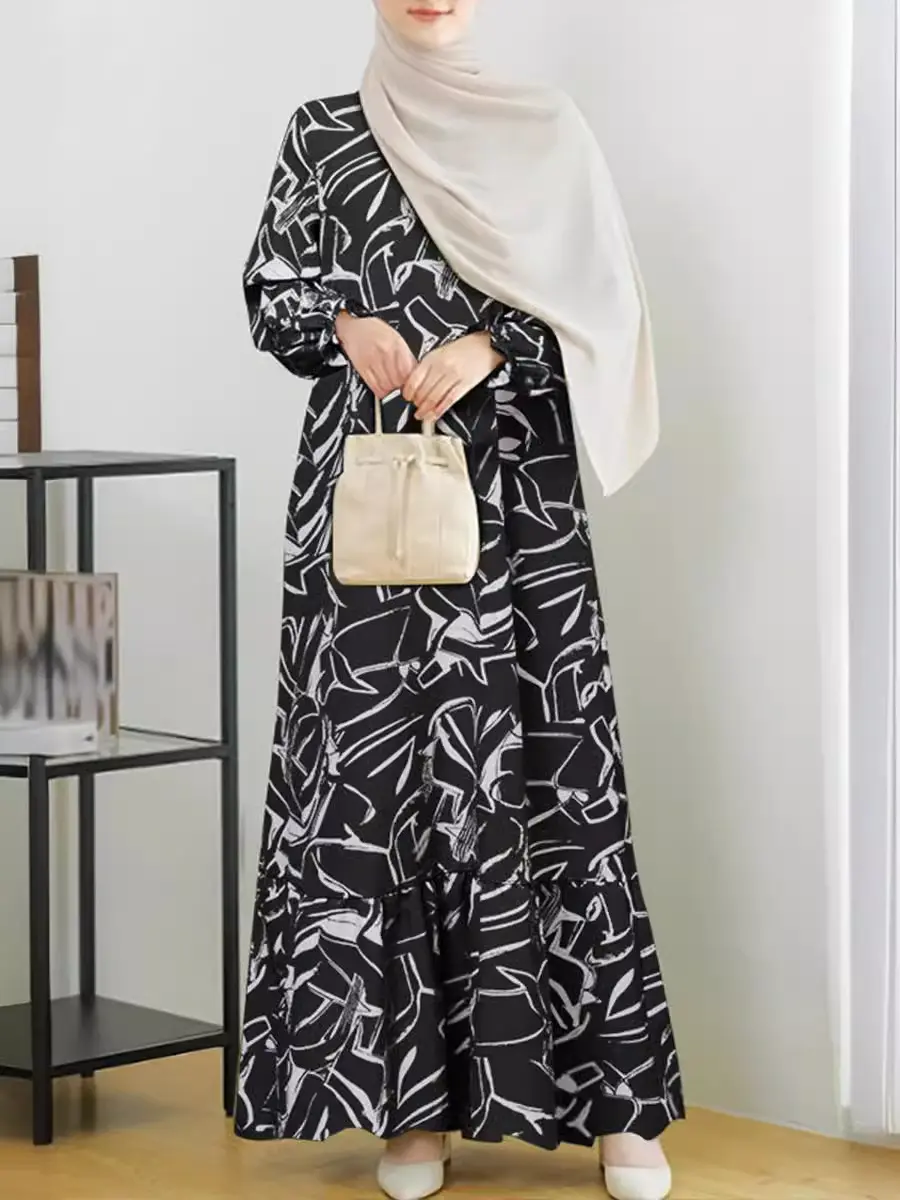 Fashionable long sleeved long sleeved geometric print with ruffled edges and sundress abayas
