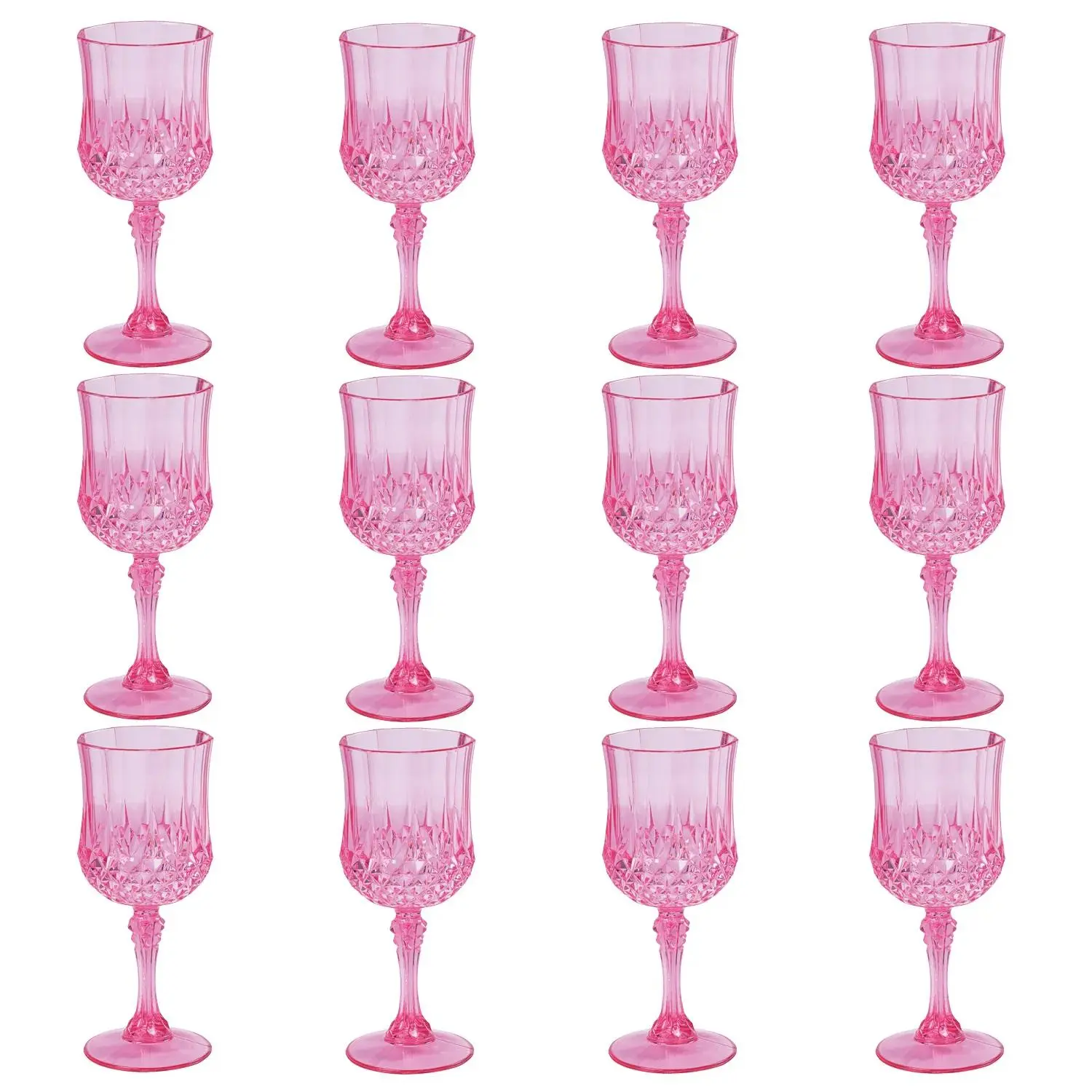 6 3/4" 8 oz. Pink Patterned BPA-Free Plastic Wine Glasses - 12 Ct.