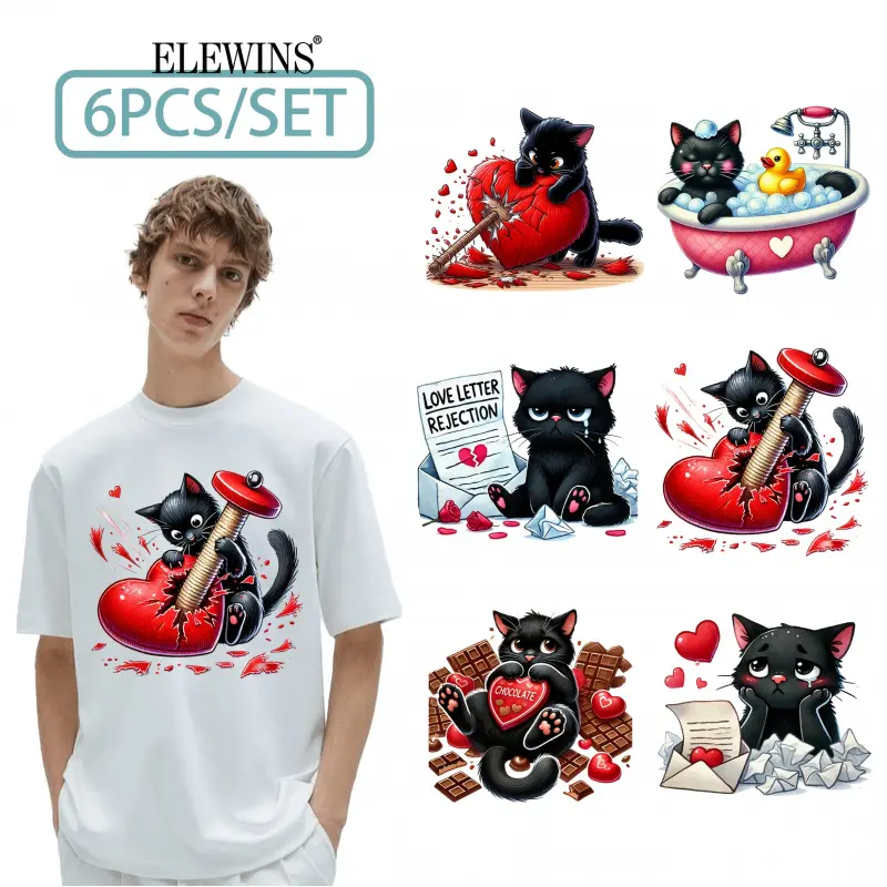 Black Hot Iron-on Patch Set (6-Pack), Washable Vinyl Heat Transfer Stickers, Featuring Kitten, Bathtub, and Heart Patterns, Perfect for T-Shirts, Hoodies, Jeans, Backpacks, and Pillows, with Adorable Kitten Faces and Paw Print Designs.