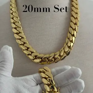Miami Cuban Link Chain/Bracelet Set, Handmade Real 14k Gold Plated (Five Times Plated)
