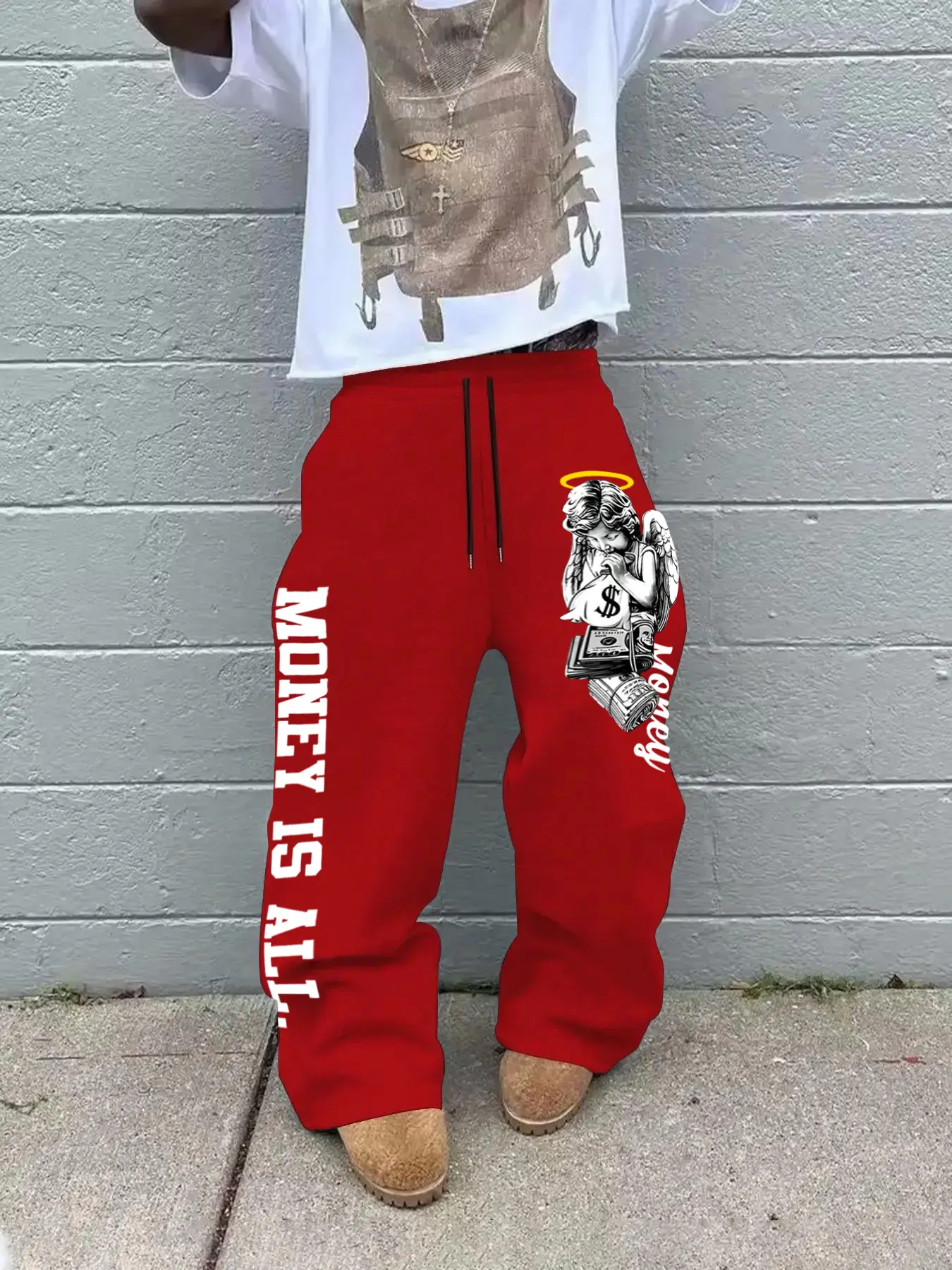 High Street Brand Angel Money Print Sweatpants, Women's Comfortable Skin-Friendly Fabric, Loose Fit Slimming Wide Leg Pants, Casual Sporty Long Pants