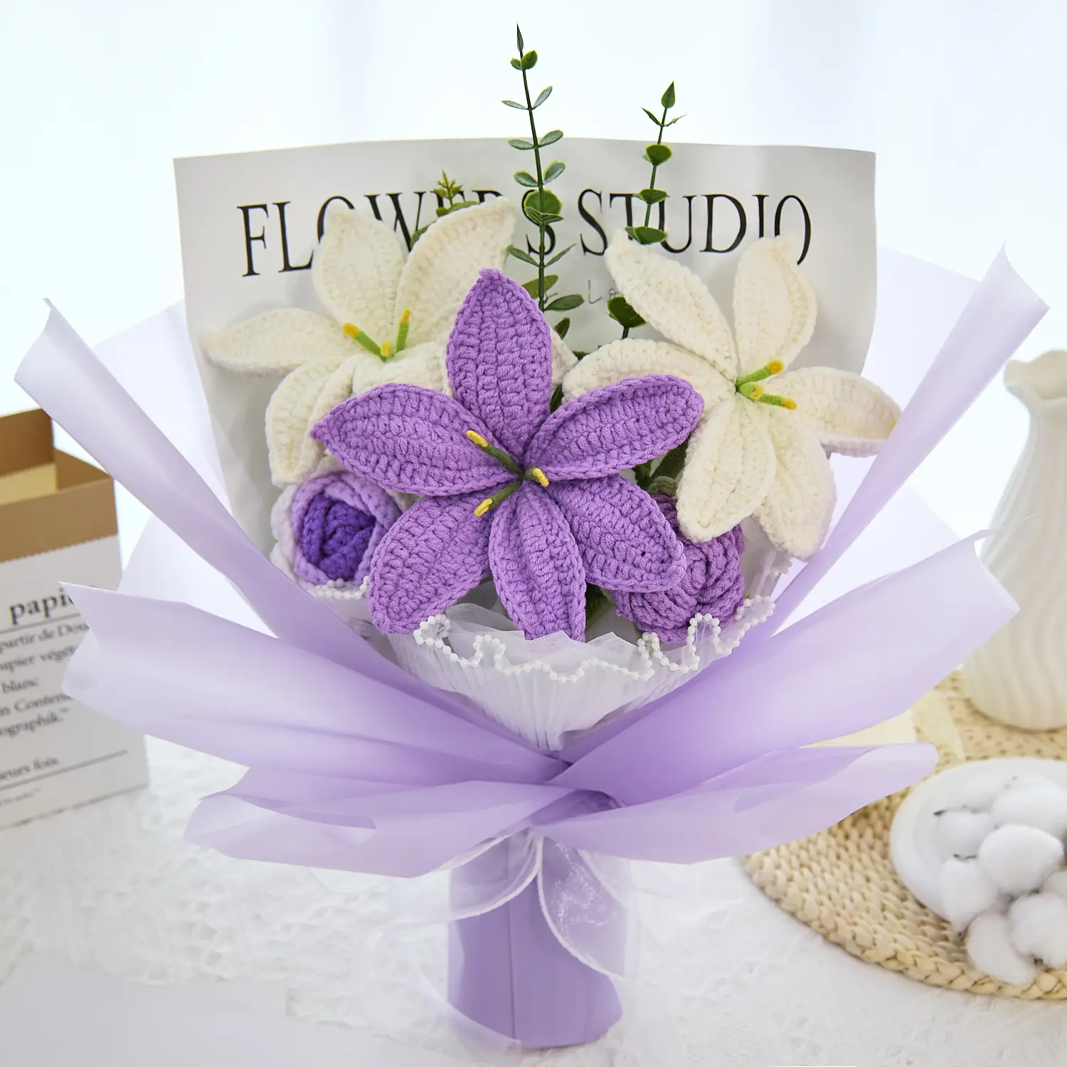 Back to School Gift Handmade Crochet Flowers Bouquet Teacher Gift Student Gift for Girlfriend Birthday Graduation Wedding Anniversary Just Because with Lily Lavender Rose Calla Lily Eucalyptus Forever Flowers Greeting Card US Fast Shipping