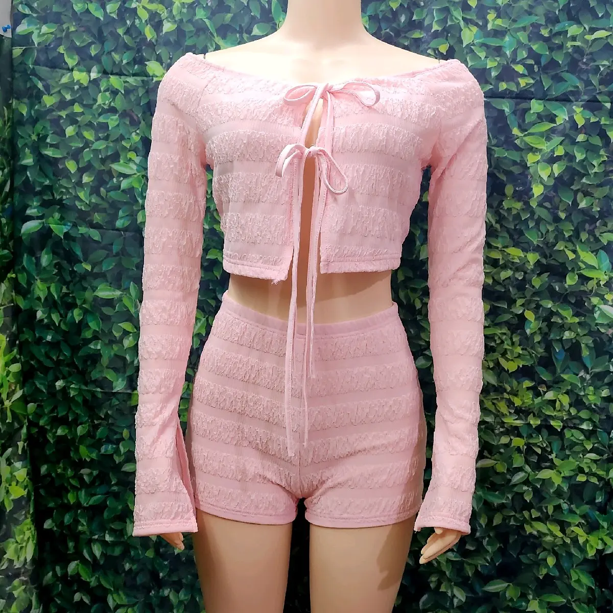 Pastel Pink Women's Textured Cake Long Sleeve Two Piece Outfits for Fall/Winter - Womenswear, Knitwear Longsleeves