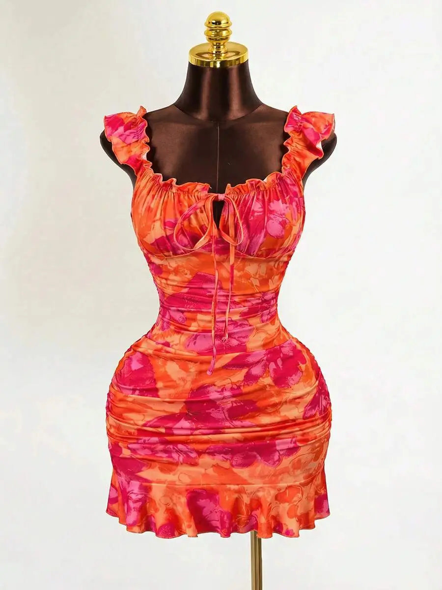 Zestiva Summer Casual Floral Print Ruffle Hem Mini Dress Elegant