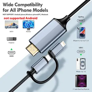 ( iOS Only ) 2-in-1 Lightning & Type C to HDMI Cable, HDMI Cable for iPhone, Dual Interface for All iPhones (17/16/15/14/13/Pro/Max) & iPad Pro/Air,1080P HD, Sync Video and Sound