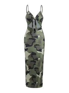 Women's All Over Print Cut Out Cami Dress, Fashion Casual Backless Long Dress for Daily Outdoor Wear, Ladies Clothes for All Seasons